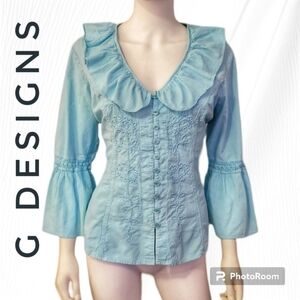 G DESIGNS Icy Blue Floral Embroidered Ruffle Bell Sleeve Button Down Shirt